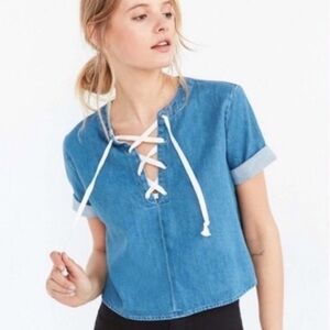 UO BDG Chambray Lace Up Crop Top